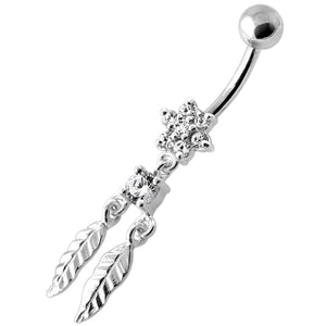 .925 Sterling Silver Dangly Flower with Feathers Navel Bars