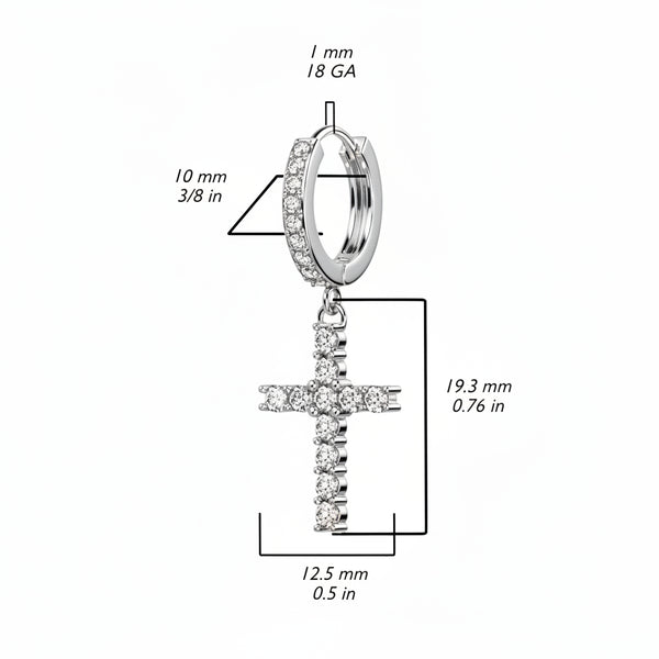 316L Stainless Steel (surgical steel) CZ Dangling Cross Huggies
