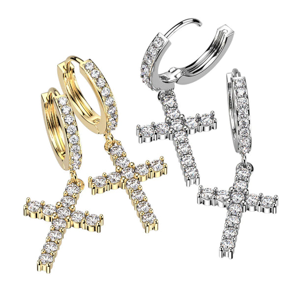 316L Stainless Steel (surgical steel) CZ Dangling Cross Huggies