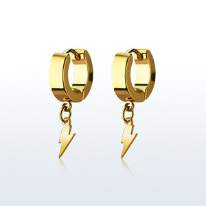 Pair of Gold Stainless Steel Huggie Earrings with a Dangling Plain Steel Lightning Bolt