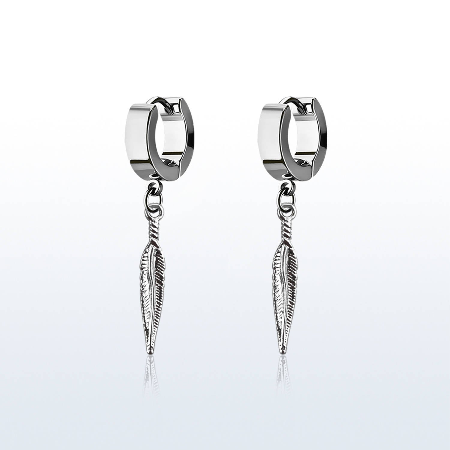 Pair of High Polished Stainless Steel Huggies Earrings with a Dangling Small Feather