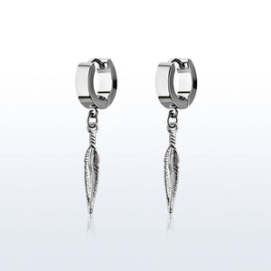 Pair of High Polished Stainless Steel Huggies Earrings with a Dangling Small Feather