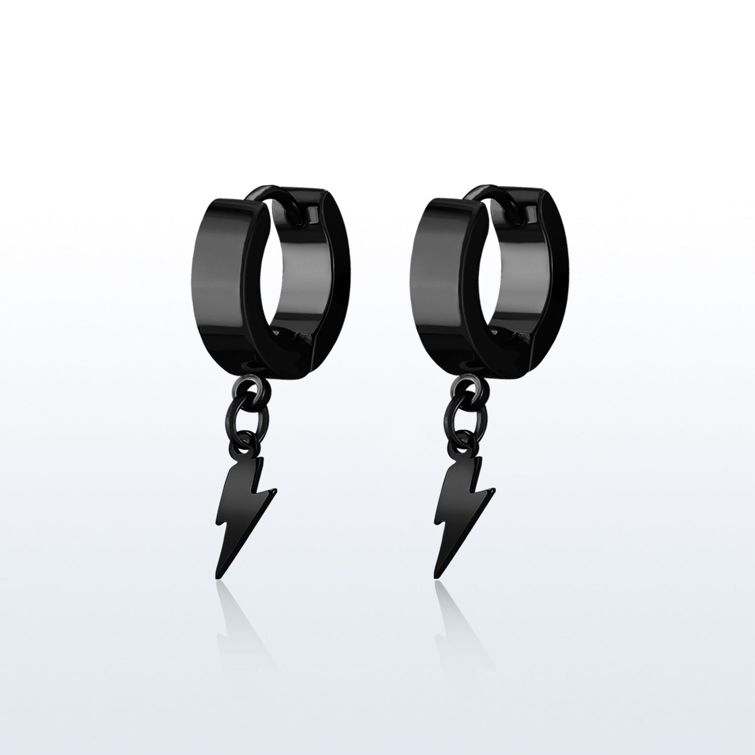 Pair of Black Stainless Steel Huggie Earrings with a Dangling Plain Steel Lightning Bolt