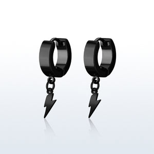Pair of Black Stainless Steel Huggie Earrings with a Dangling Plain Steel Lightning Bolt