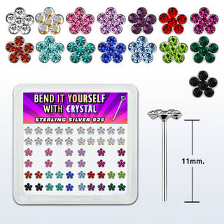 .925 Sterling Silver "bend it yourself" Nose Stud with Crystal Flower Design Tops