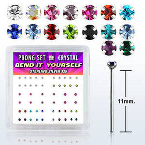 .925 Sterling Silver Prong Set Crystal Tops  "Bend it yourself " Nose Stud