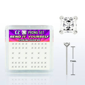 .925 Sterling Silver Prong Set Square CZ Nose Pin