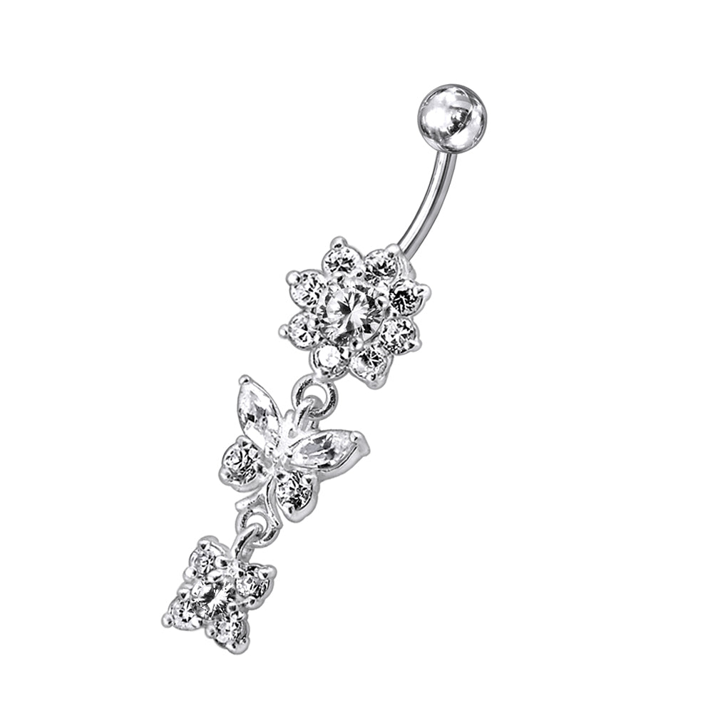 .925 Sterling Silver Zirconia Flower and Butterfly Navel Bar