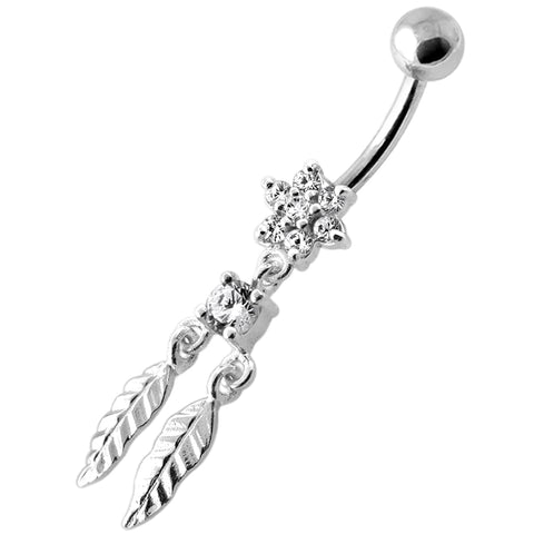 .925 Sterling Silver Dangly Flower with Feathers Navel Bars