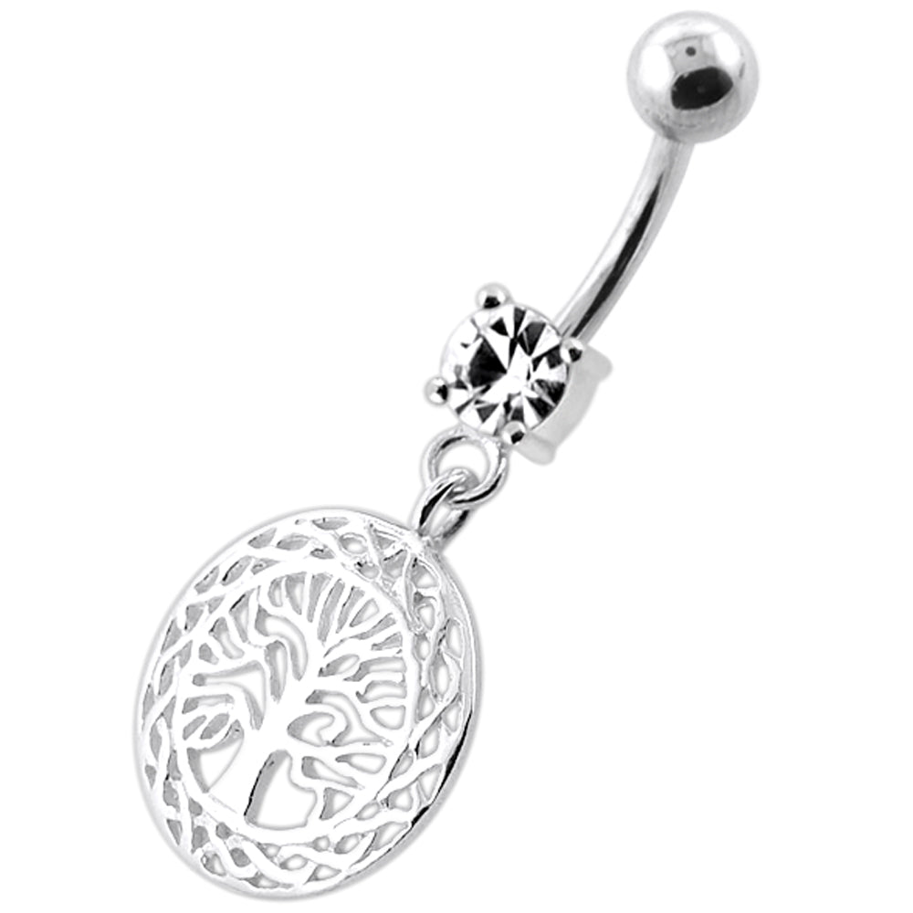 .925 Sterling Silver Tree of Life Dangly Navel Bar