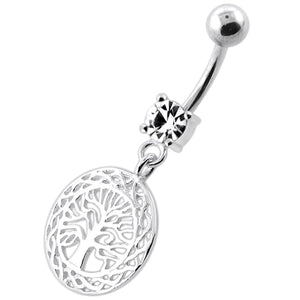 .925 Sterling Silver Tree of Life Dangly Navel Bar
