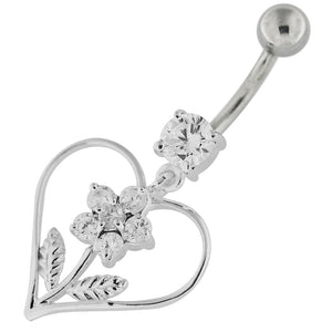 .925 Sterling Silver Heart Cut-Out Flower Dangly Navel Bars