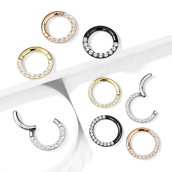 316L Surgical Steel Hinged Segment Hoop Rings with CNC Set Front Facing CZ Paved